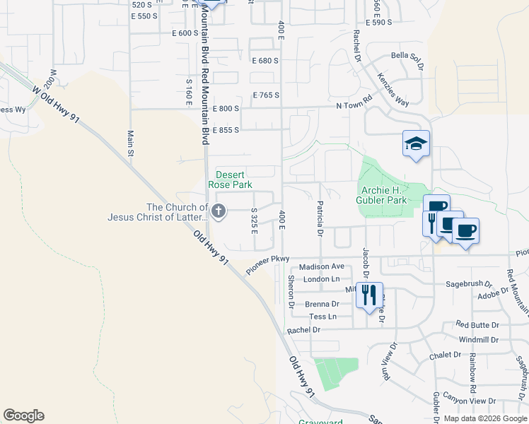 map of restaurants, bars, coffee shops, grocery stores, and more near 339 East 1060 South in Ivins