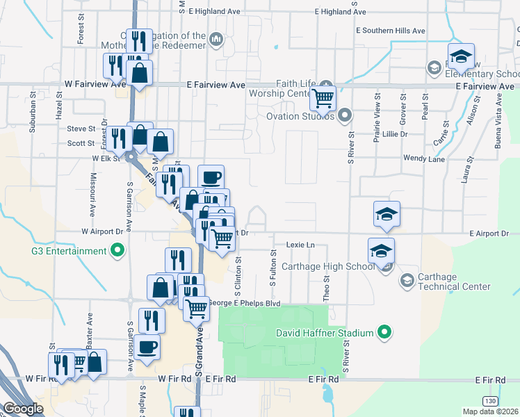 map of restaurants, bars, coffee shops, grocery stores, and more near 615 East Airport Drive in Carthage