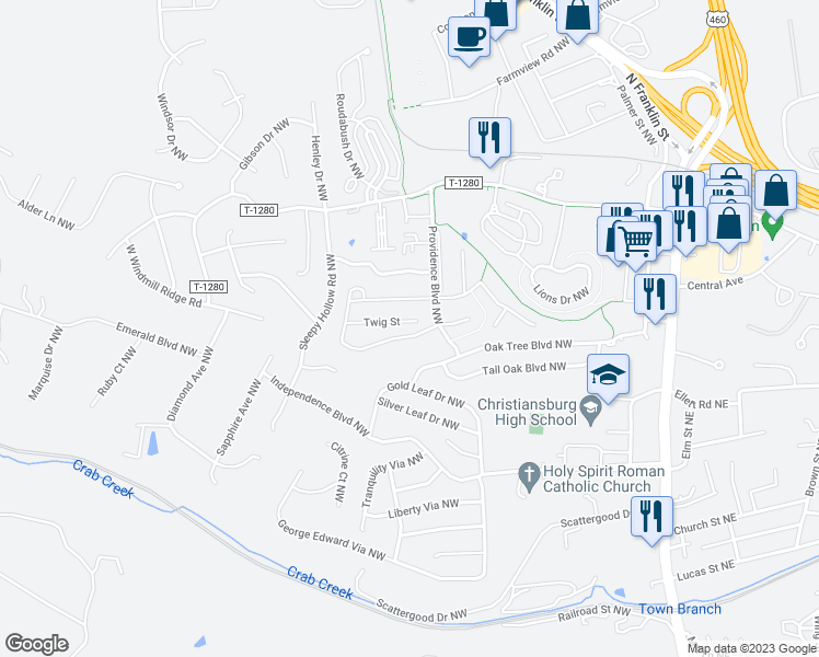 map of restaurants, bars, coffee shops, grocery stores, and more near 350 Twig Street in Christiansburg