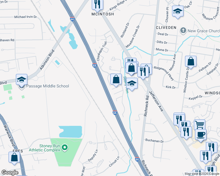 map of restaurants, bars, coffee shops, grocery stores, and more near 469 Springmont Court in Newport News