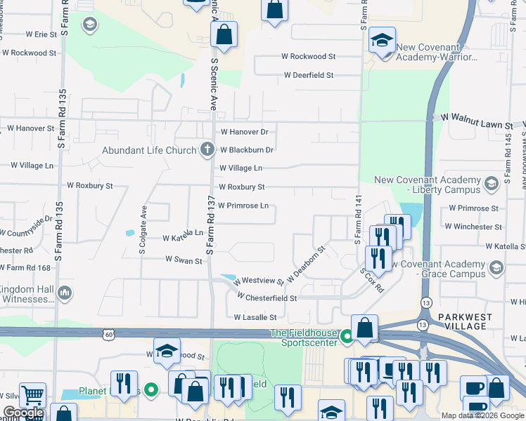 map of restaurants, bars, coffee shops, grocery stores, and more near 2525 West Primrose Lane in Springfield