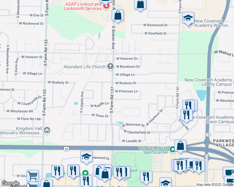 map of restaurants, bars, coffee shops, grocery stores, and more near 2651 W Primrose Ln in Springfield