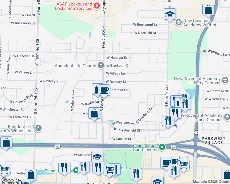map of restaurants, bars, coffee shops, grocery stores, and more near 2612 West Primrose Lane in Springfield