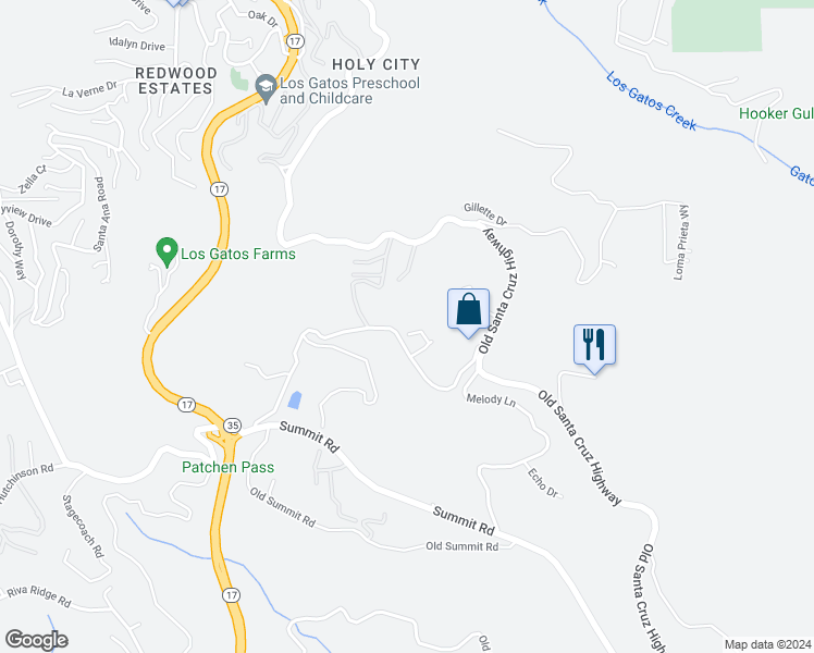 map of restaurants, bars, coffee shops, grocery stores, and more near 17615 Mountain Charlie Road in Los Gatos