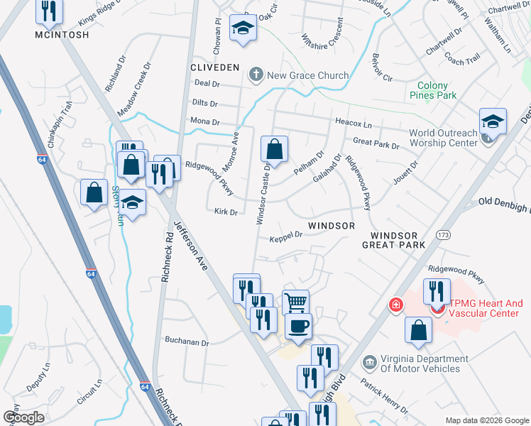 map of restaurants, bars, coffee shops, grocery stores, and more near 184 Windsor Castle Drive in Newport News
