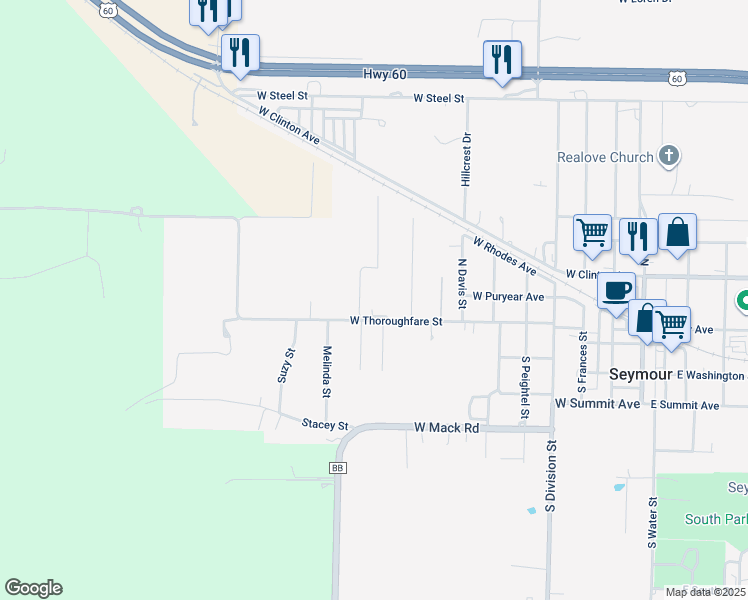 map of restaurants, bars, coffee shops, grocery stores, and more near 851 West Thoroughfare Street in Seymour