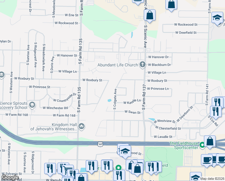 map of restaurants, bars, coffee shops, grocery stores, and more near 3621 South Colgate Avenue in Springfield