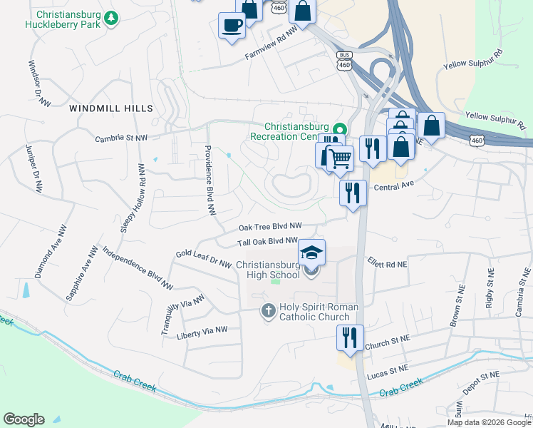map of restaurants, bars, coffee shops, grocery stores, and more near 295 Willow Oak Drive Northwest in Christiansburg