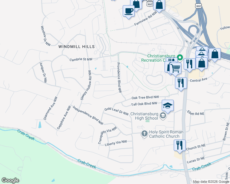 map of restaurants, bars, coffee shops, grocery stores, and more near 1330 Providence Boulevard Northwest in Christiansburg