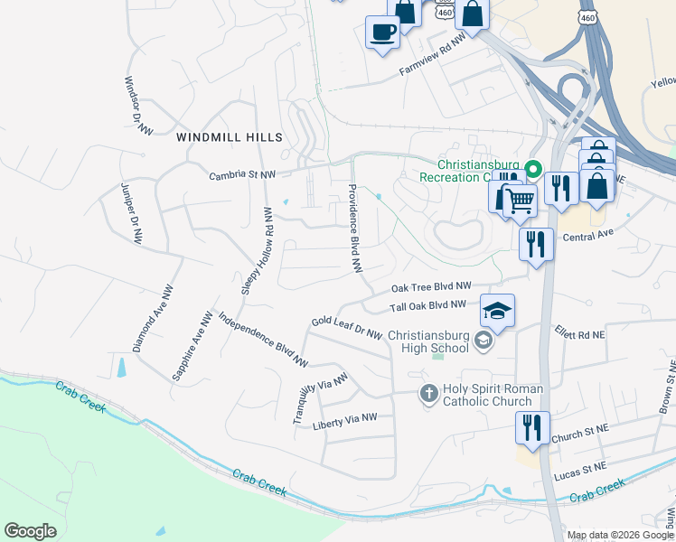 map of restaurants, bars, coffee shops, grocery stores, and more near 295 Twig Street in Christiansburg