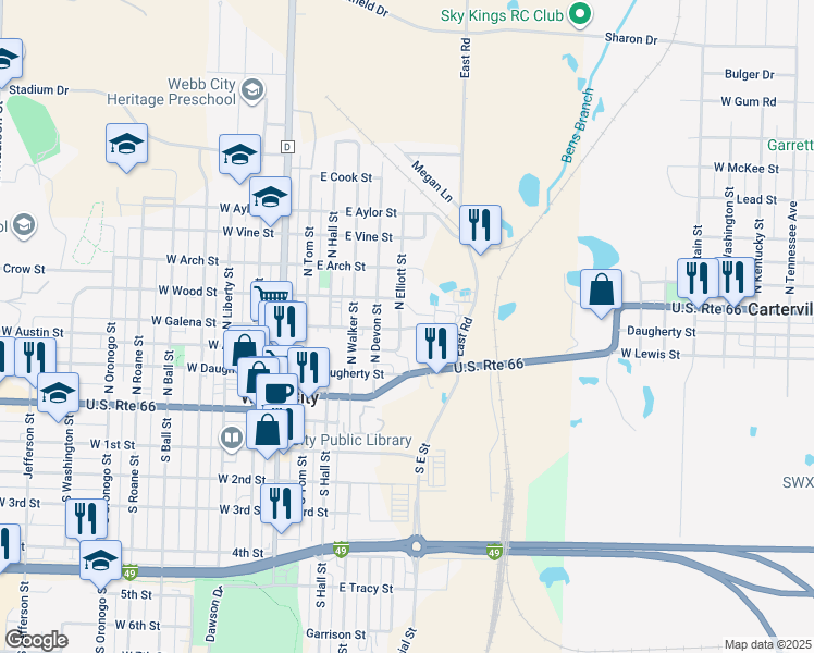 map of restaurants, bars, coffee shops, grocery stores, and more near 406 North Elliott Street in Webb City