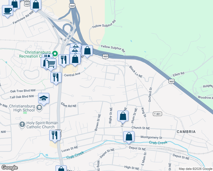 map of restaurants, bars, coffee shops, grocery stores, and more near 465 Newcomb Street in Christiansburg