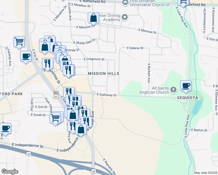 map of restaurants, bars, coffee shops, grocery stores, and more near 3542 South Bellhurst Avenue in Springfield