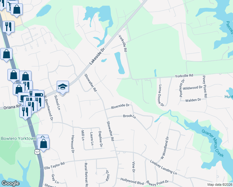 map of restaurants, bars, coffee shops, grocery stores, and more near 113 Castellow Court in Yorktown