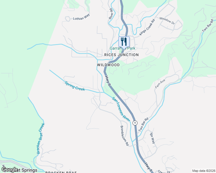 map of restaurants, bars, coffee shops, grocery stores, and more near 15145 California 9 in Boulder Creek