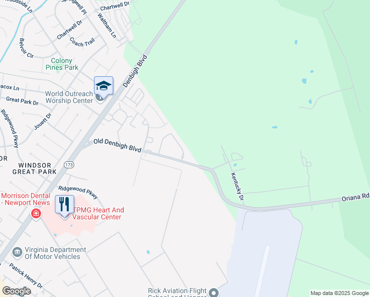 map of restaurants, bars, coffee shops, grocery stores, and more near 26 Otsego Drive in Newport News