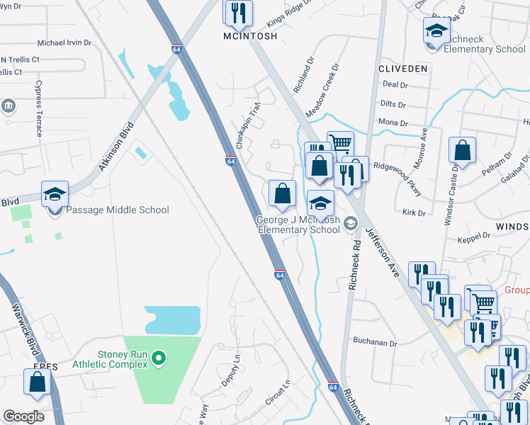 map of restaurants, bars, coffee shops, grocery stores, and more near 501 Chanticlar Court in Newport News
