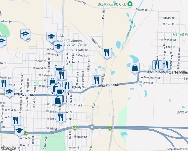 map of restaurants, bars, coffee shops, grocery stores, and more near 406 North Elliott Street in Webb City