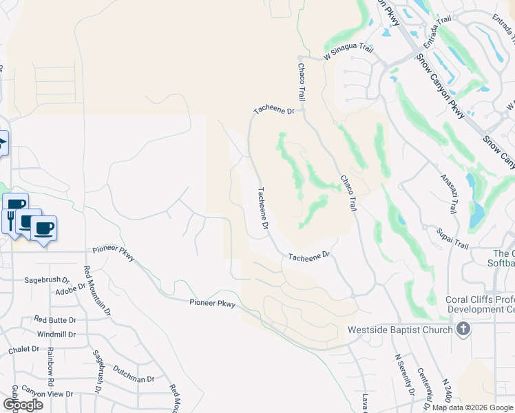 map of restaurants, bars, coffee shops, grocery stores, and more near 2427 Tacheene Drive in St. George