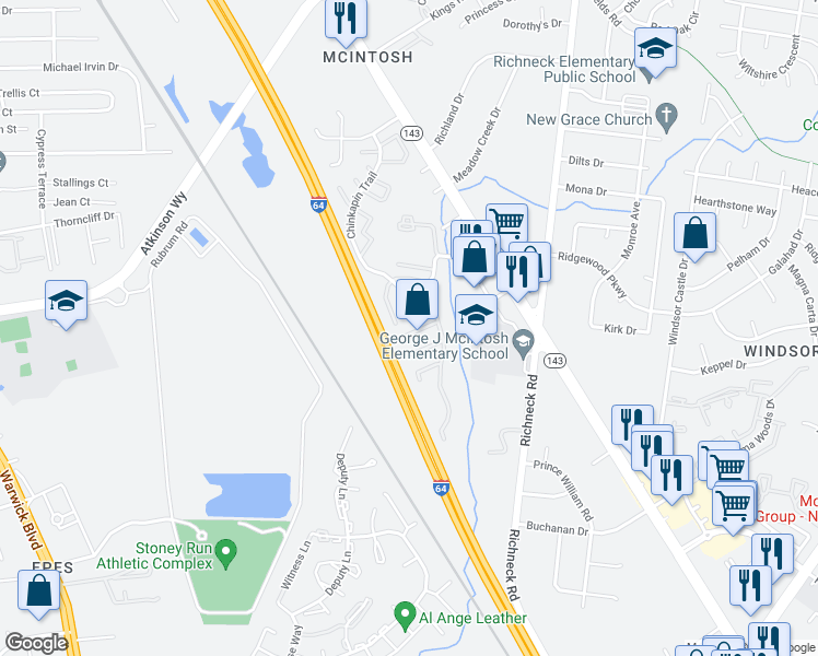 map of restaurants, bars, coffee shops, grocery stores, and more near 467 Springmont Court in Newport News