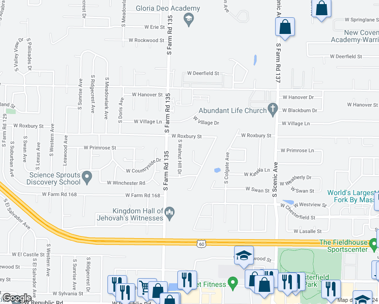 map of restaurants, bars, coffee shops, grocery stores, and more near 3645 South Blackburn Court in Springfield