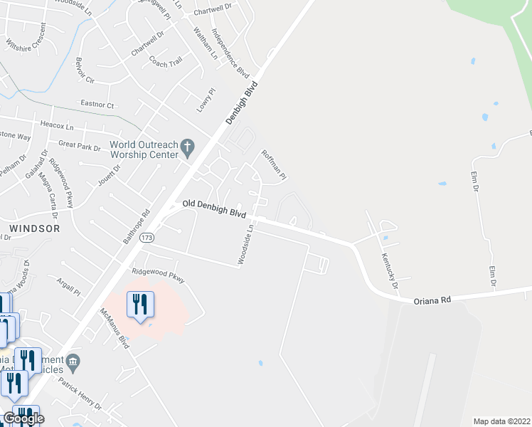 map of restaurants, bars, coffee shops, grocery stores, and more near 1113 Old Denbigh Boulevard in Newport News