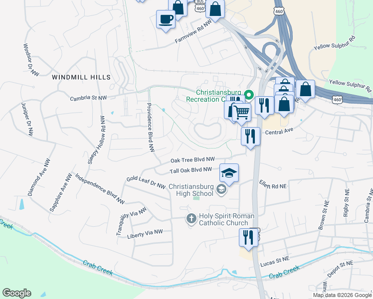 map of restaurants, bars, coffee shops, grocery stores, and more near 295 Willow Oak Drive Northwest in Christiansburg