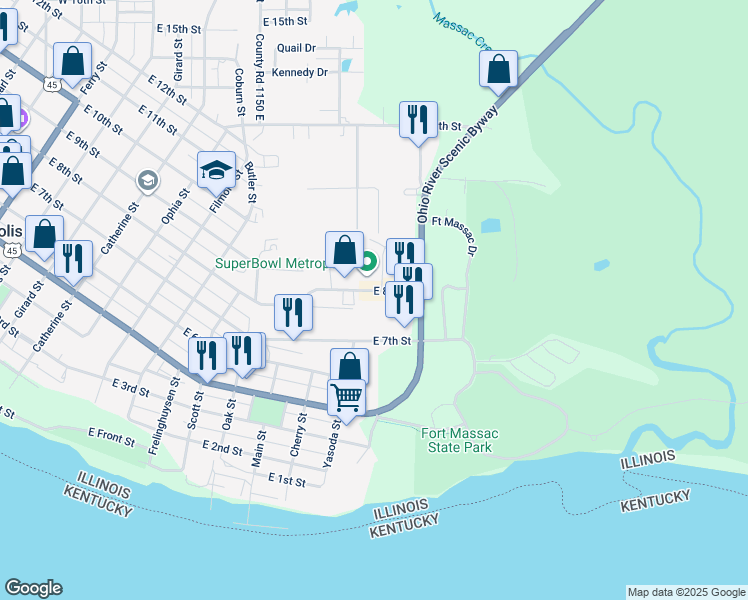 map of restaurants, bars, coffee shops, grocery stores, and more near 1104 East 8th Street in Metropolis