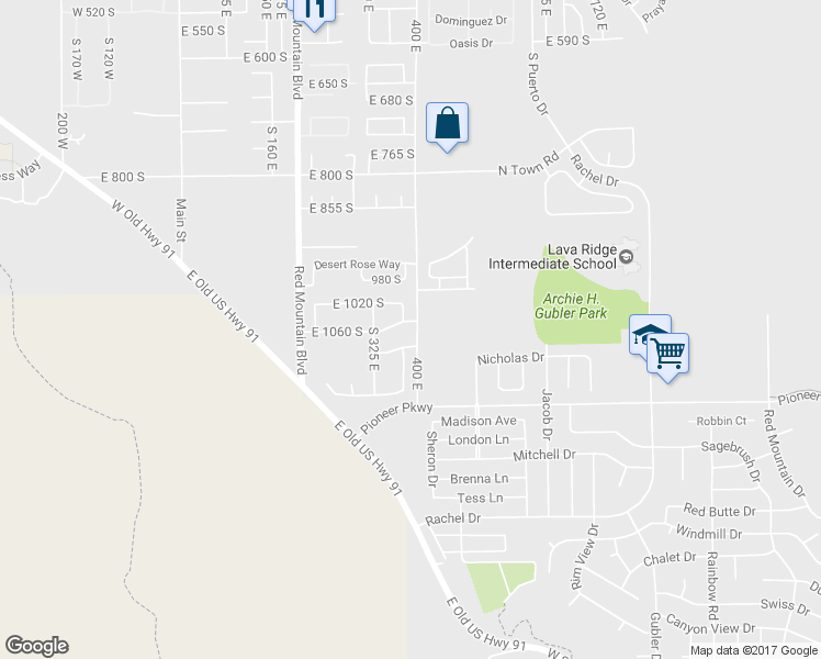 map of restaurants, bars, coffee shops, grocery stores, and more near 388 East 1060 South in Ivins