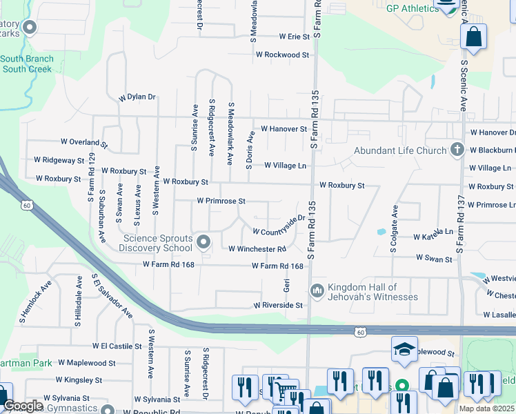 map of restaurants, bars, coffee shops, grocery stores, and more near 3246 West Primrose Street in Springfield