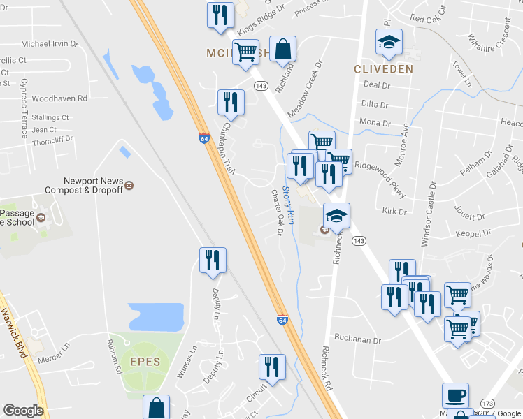 map of restaurants, bars, coffee shops, grocery stores, and more near 469 Springmont Court in Newport News