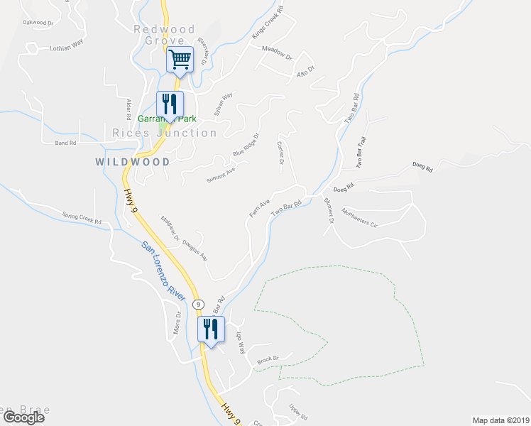 map of restaurants, bars, coffee shops, grocery stores, and more near 15101 Two Bar Road in Boulder Creek