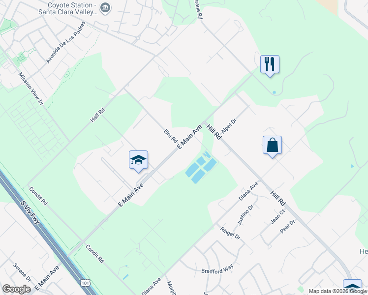 map of restaurants, bars, coffee shops, grocery stores, and more near 1700 East Main Avenue in Morgan Hill