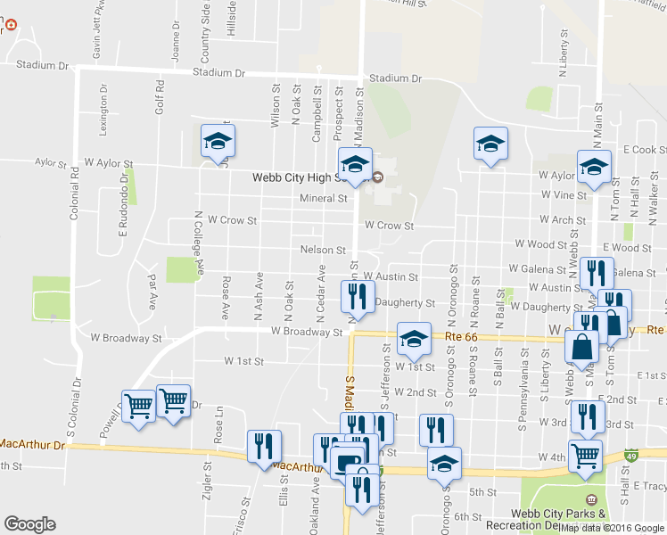 map of restaurants, bars, coffee shops, grocery stores, and more near 1023 West Austin Street in Webb City