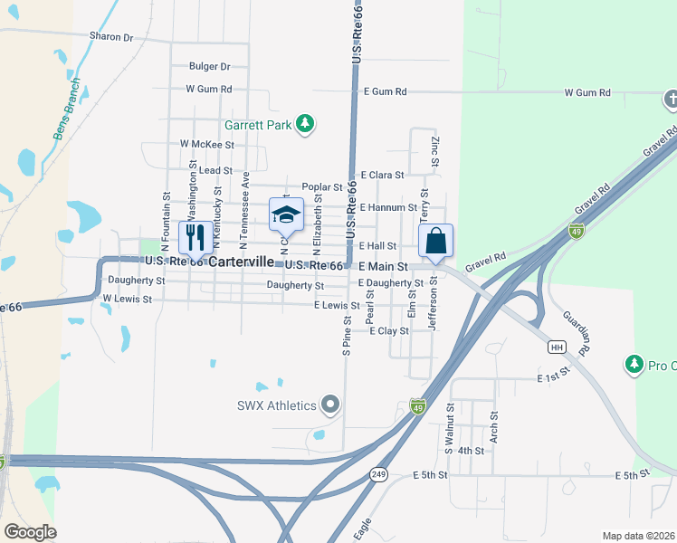 map of restaurants, bars, coffee shops, grocery stores, and more near 319 East Main Street in Carterville