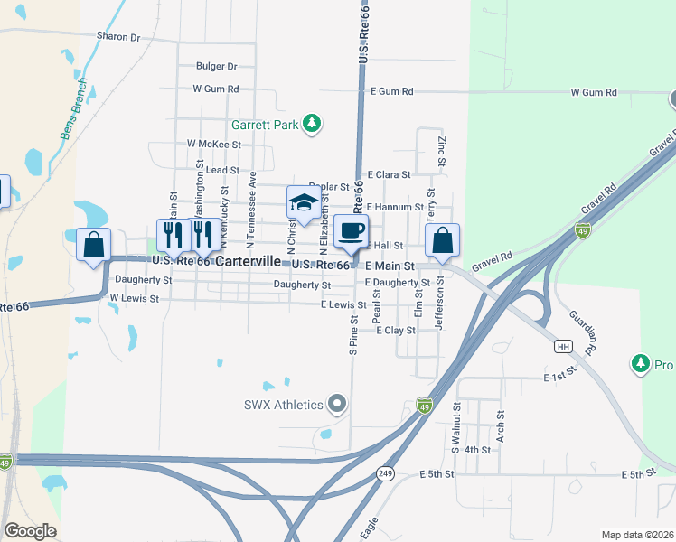 map of restaurants, bars, coffee shops, grocery stores, and more near 319 E Main St in Carterville