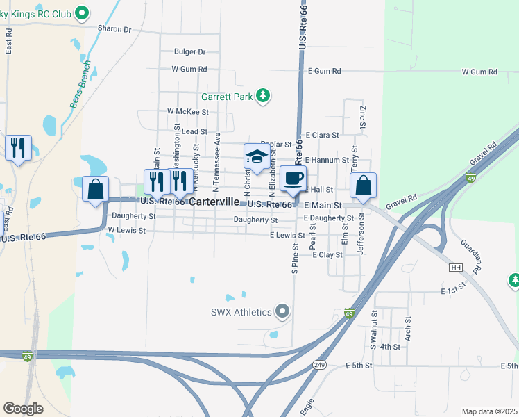map of restaurants, bars, coffee shops, grocery stores, and more near 217 East Main Street in Carterville