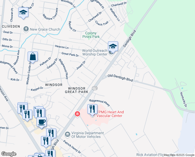 map of restaurants, bars, coffee shops, grocery stores, and more near 824 Balthrope Road in Newport News