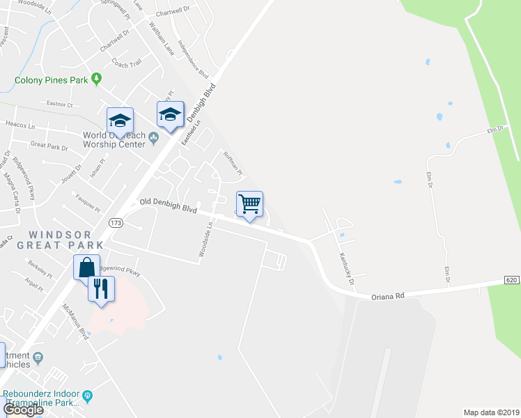 map of restaurants, bars, coffee shops, grocery stores, and more near 1141 Old Denbigh Boulevard in Newport News