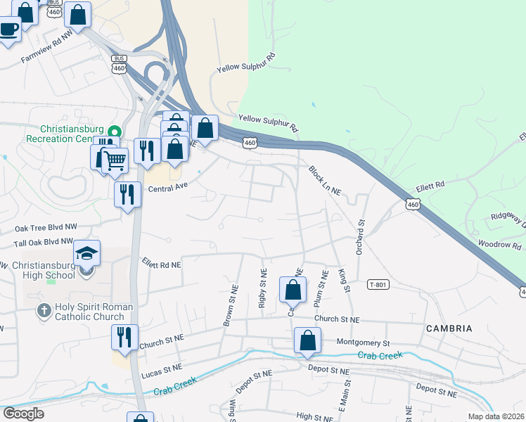 map of restaurants, bars, coffee shops, grocery stores, and more near 465 Newcomb Street in Christiansburg