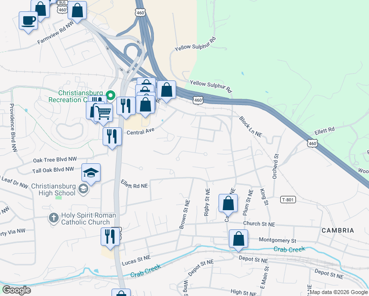 map of restaurants, bars, coffee shops, grocery stores, and more near 360 Wakeman Court Northeast in Christiansburg