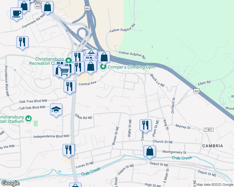 map of restaurants, bars, coffee shops, grocery stores, and more near 360 Wakeman Court Northeast in Christiansburg