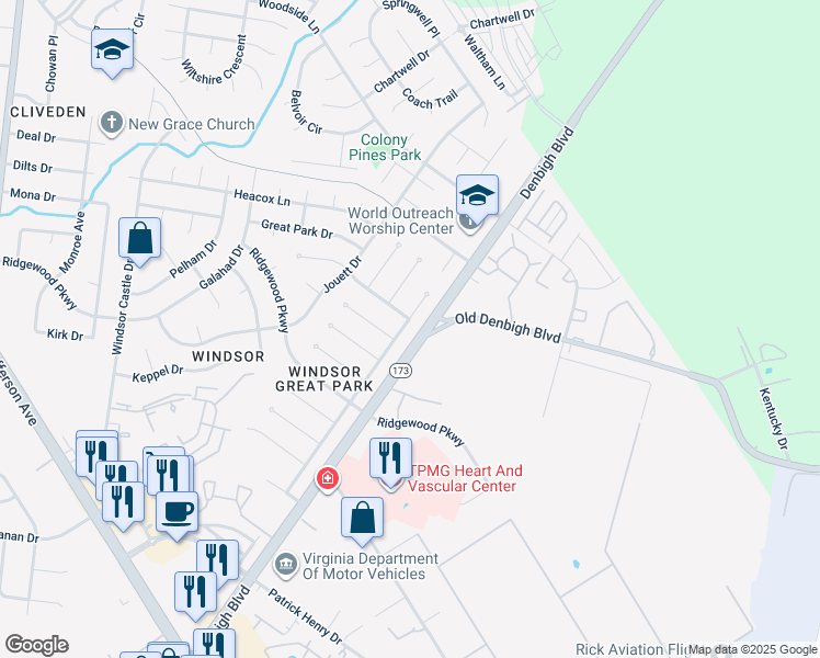 map of restaurants, bars, coffee shops, grocery stores, and more near 824 Balthrope Road in Newport News
