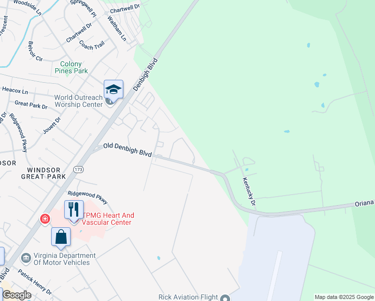 map of restaurants, bars, coffee shops, grocery stores, and more near 1141 Old Denbigh Boulevard in Newport News