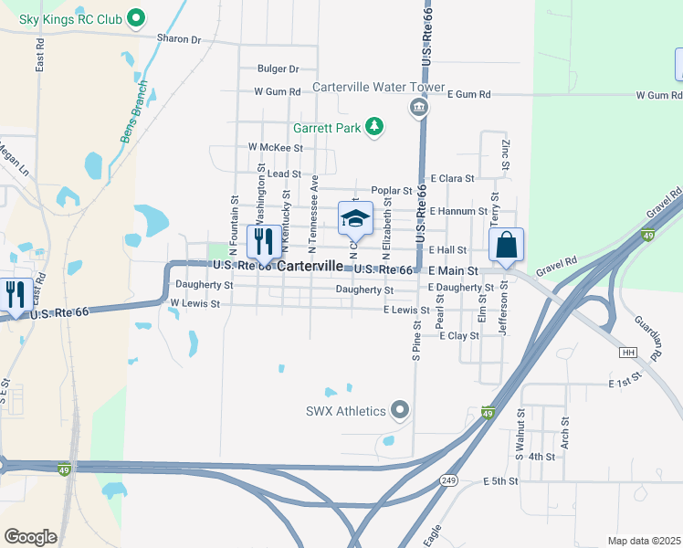 map of restaurants, bars, coffee shops, grocery stores, and more near 129 East Main Street in Carterville