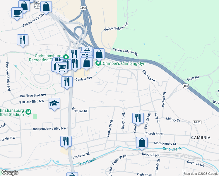 map of restaurants, bars, coffee shops, grocery stores, and more near 360 Wakeman Court Northeast in Christiansburg