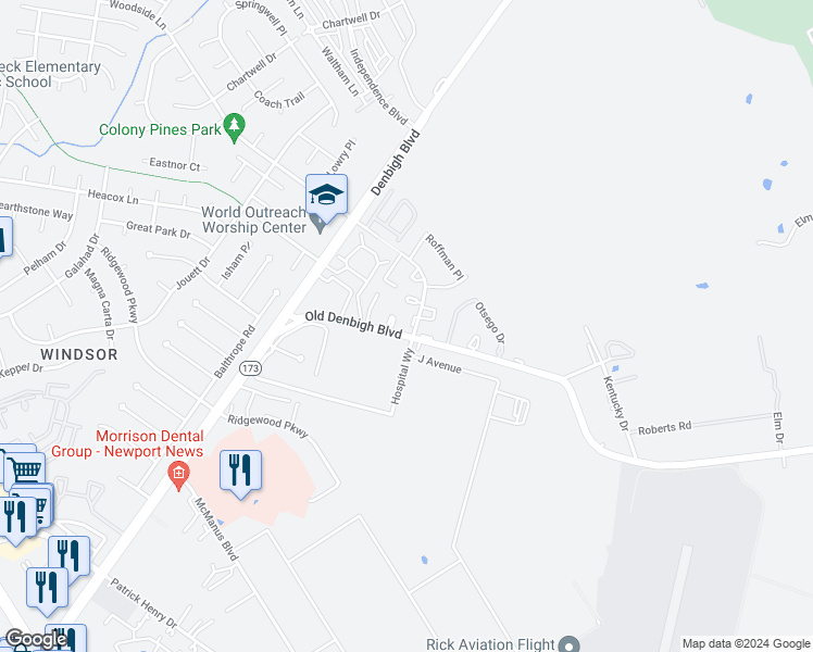 map of restaurants, bars, coffee shops, grocery stores, and more near 12701 Woodside Lane in Newport News
