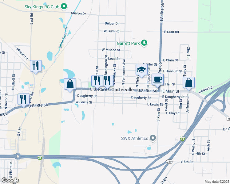 map of restaurants, bars, coffee shops, grocery stores, and more near 201-221 W Main St in Carterville