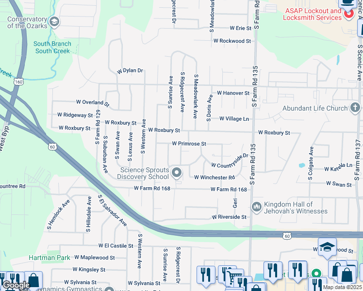 map of restaurants, bars, coffee shops, grocery stores, and more near 3380 West Primrose Street in Springfield