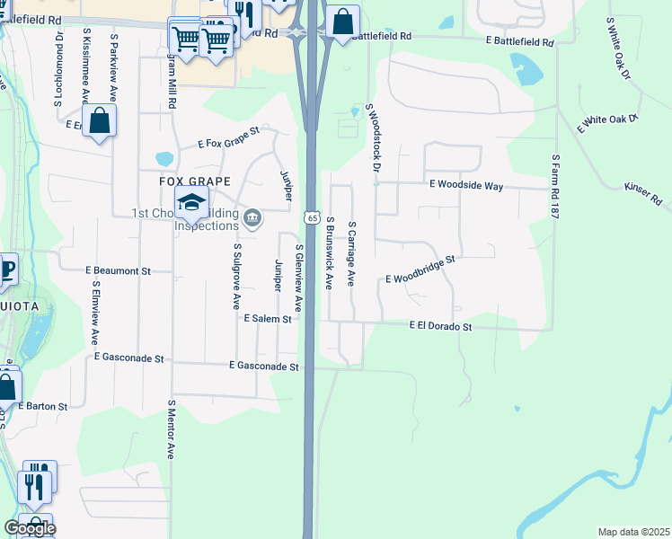 map of restaurants, bars, coffee shops, grocery stores, and more near 3460 South Brunswick Avenue in Springfield